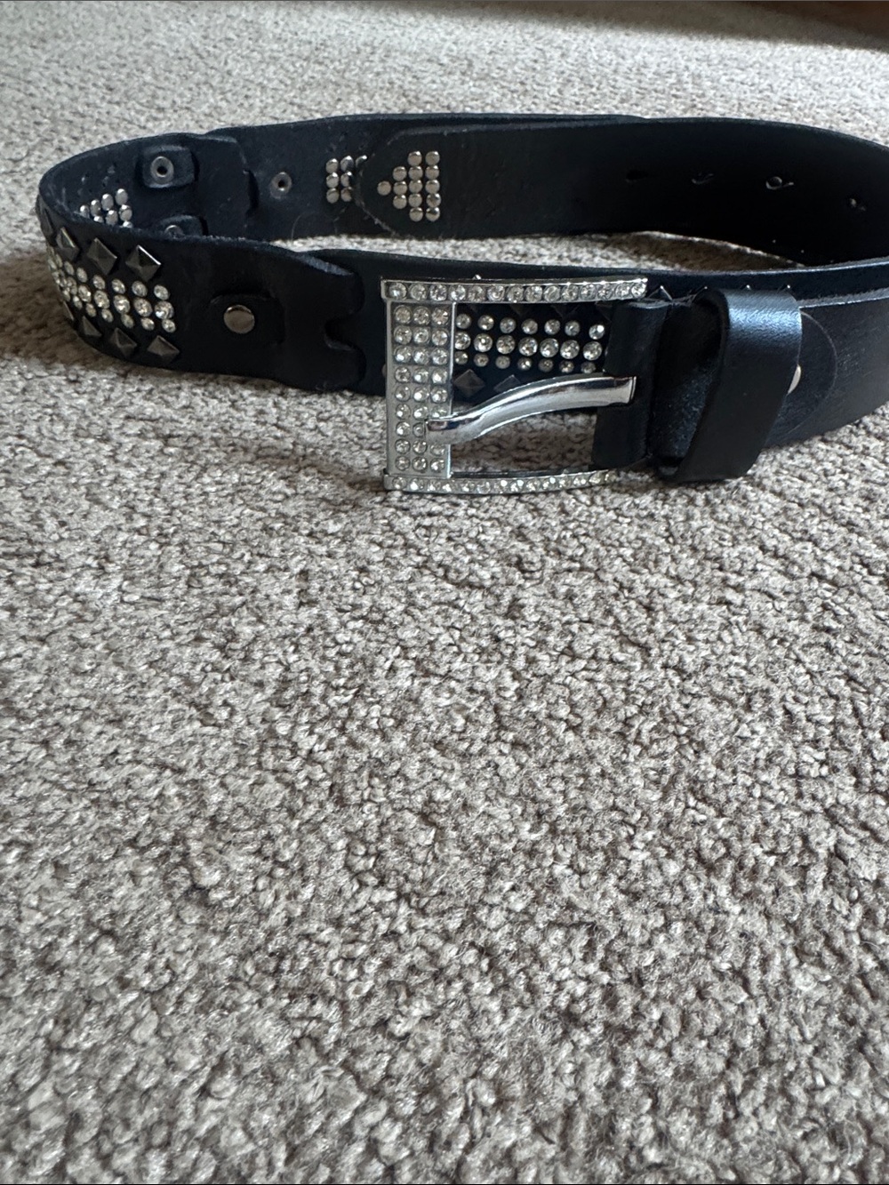 Buckle Black Studded Leather Belt with Crystal Buckle